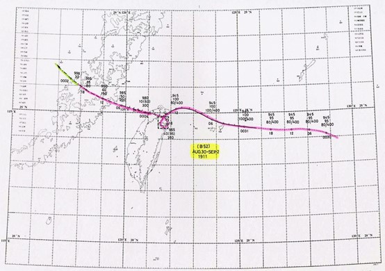 1911年8月26日至9月1日，B051與B052號颱風的累積雨量