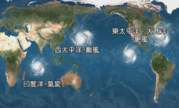 這是張世界地圖，圖中標示了颱風在世界各地的不同稱呼，在大西洋及東太平洋稱為「颶風」、印度洋稱為「氣旋」、西太平洋則稱為「颱風」。
