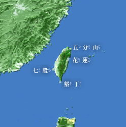 此為臺灣的氣象雷達分布圖，中央氣象局在五分山、花蓮、墾丁及七股各設了氣象雷達。