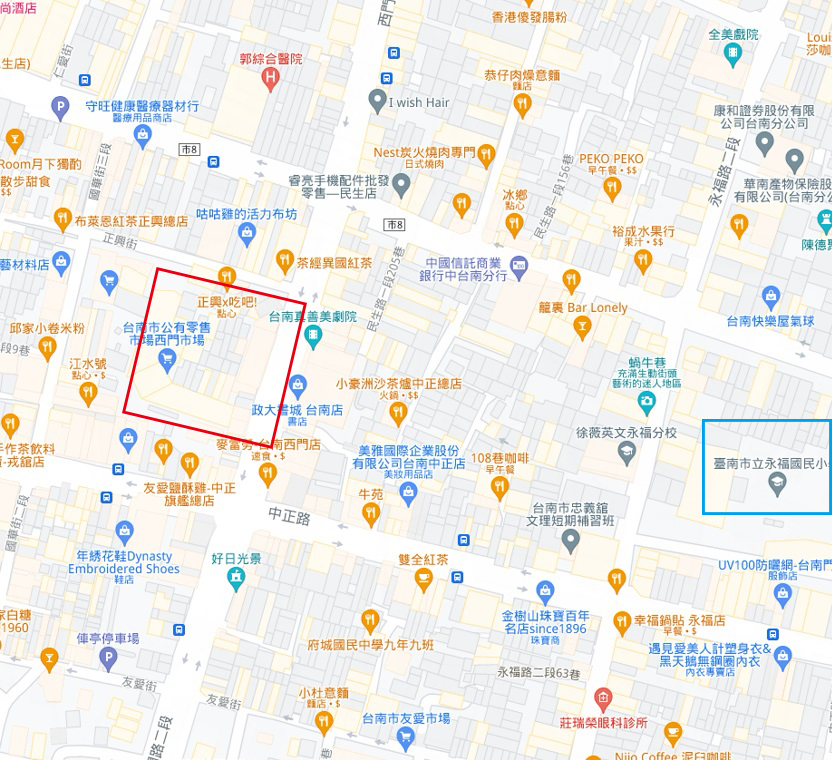 為《臺南及安平市街圖》之google map（2021年）對照。圖中區域約為今民生路、西門路交叉口一帶往南，新市場即為文中西菜市，右方不遠處的旅館即為文中所述之旭館。
