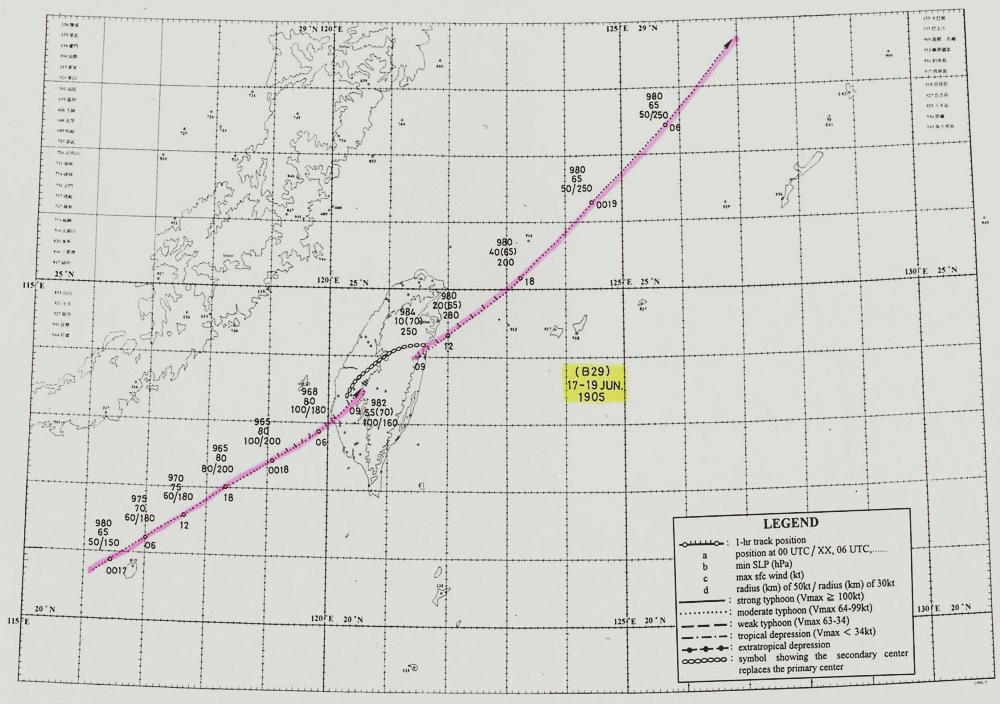 B029號颱風逐時路徑圖。