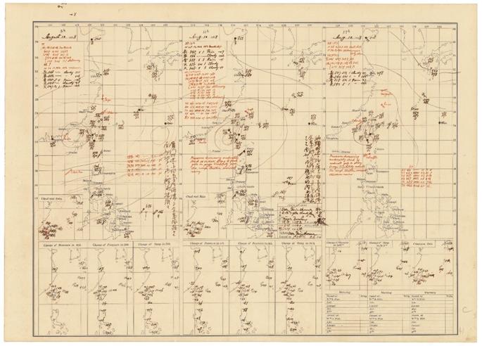 1928年8月10日天氣圖。B126颱風登陸恒春。