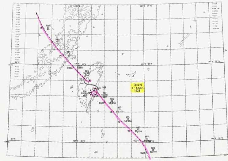 1928年9月3日至6日B127颱風路徑圖，颱風由臺東登陸穿越中部。