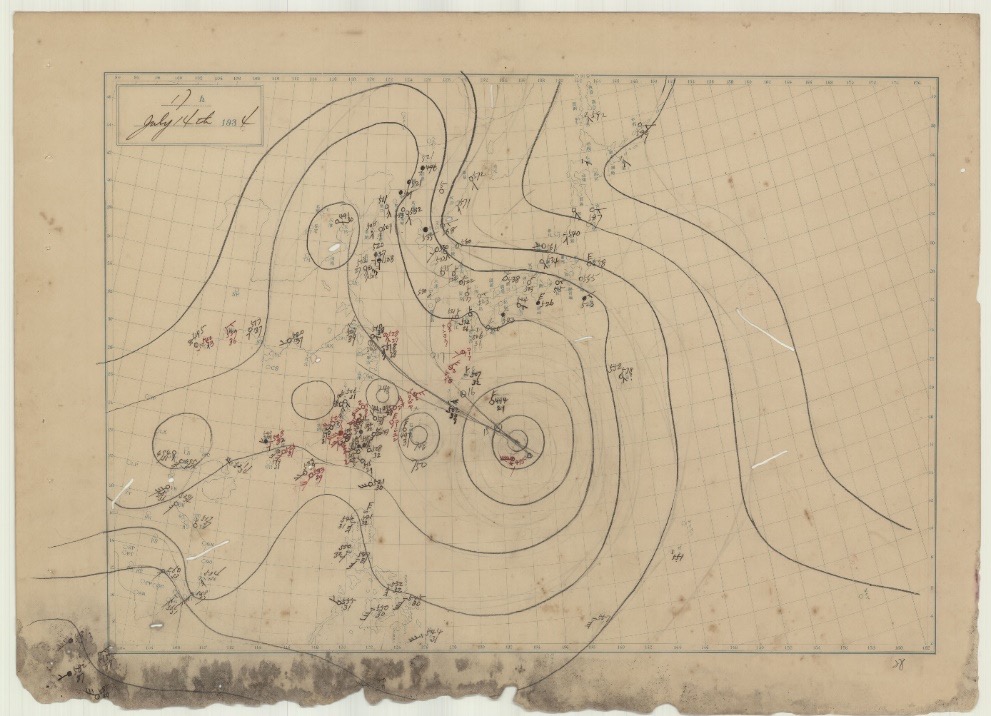 1934年7月14日17時天氣圖，臺灣位處大低壓帶內，同時有多個小低壓並存。