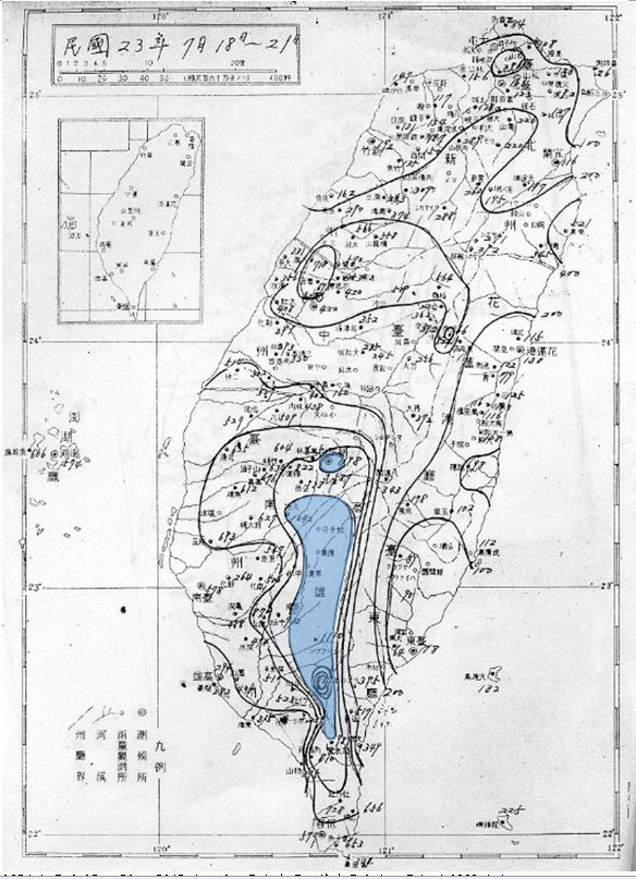 1934年7月18至21日B145號颱風雨量分布圖，藍線區代表雨量超過1000毫米以上。