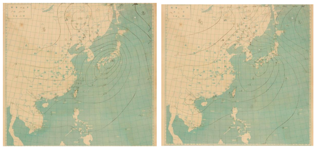 1938 年 8 月 2 日、 3 日上午6時天氣圖。 (資料來源：交通部中央氣象局。)