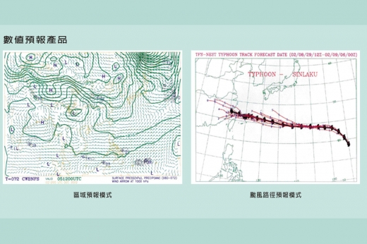 這是一張說明數值預報產品的圖，圖中可以看到區域預報的模式和颱風路徑預報的模式。